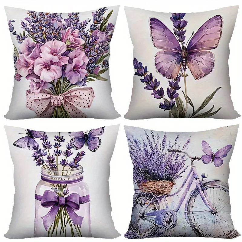 2D Plano - 4 Fundas  Almohada 2D  un Lado con Tema  Lavanda | Patrón Floral y  Mariposas Vintage, Poliéster, Estilo Bohe