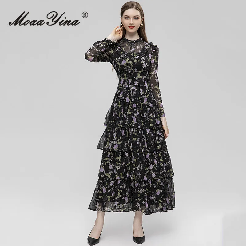 

MoaaYina Summer Fashion Runway Vintage Tiered Dress Women's O-Neck Cascading Ruffle Floral Print Chiffon Perspective Long Dress