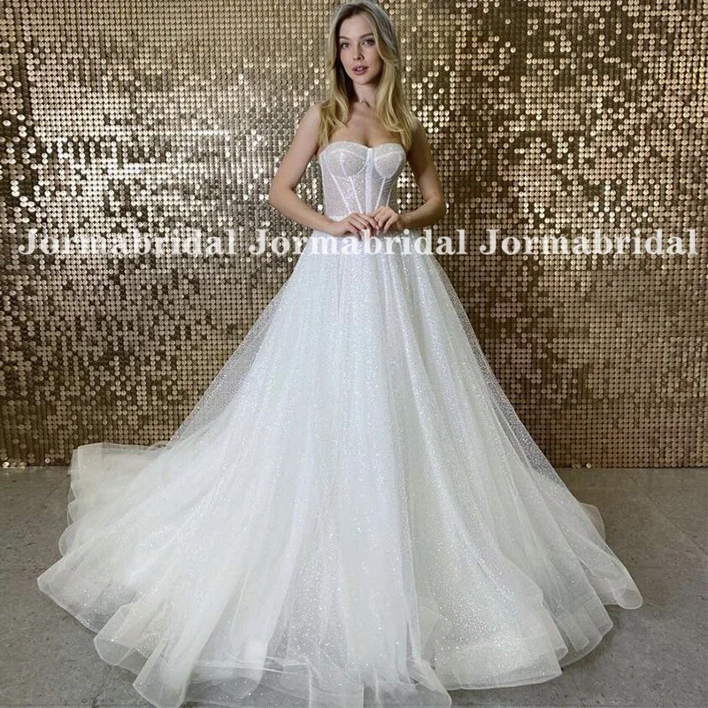 Princess Shiny Wedding Dresses Sweetheart Neckline Illusion Bodice Exposed Boning Sparkly Tulle Bridal Gowns Robe De Mariee 2023