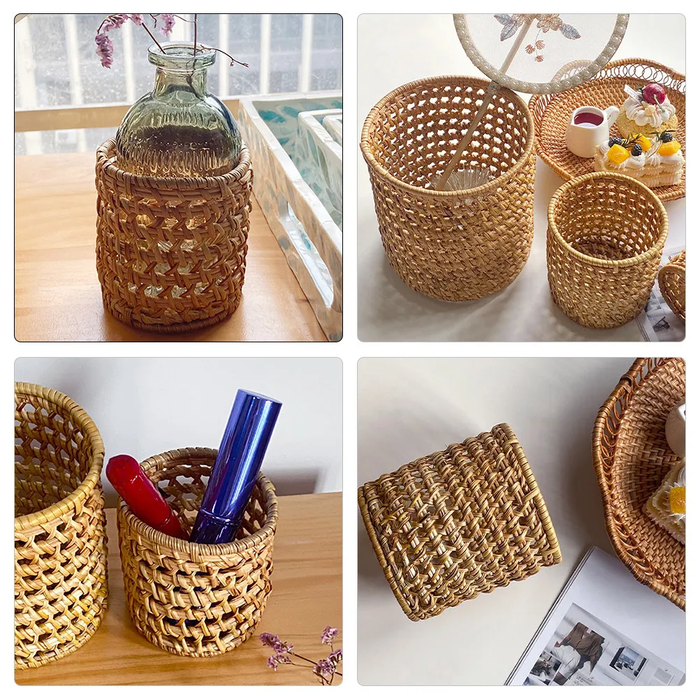 Woven Rattan Pencil Holder Desktop Pen Organizer Rustic Multifunction Pen Storage Bucket Large Capacity Makeup Brush