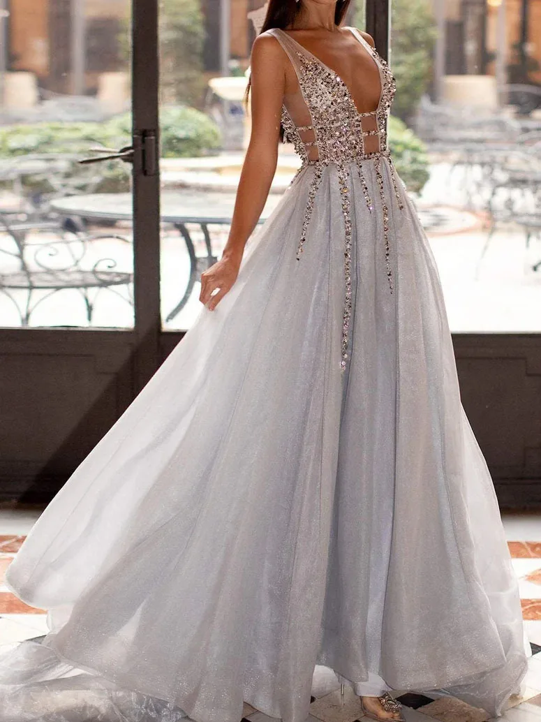 

Customized Sexy Deep V-Neck Sequined Beading A-Line Formal Evening Dresses Birthday Party Prom Gowns