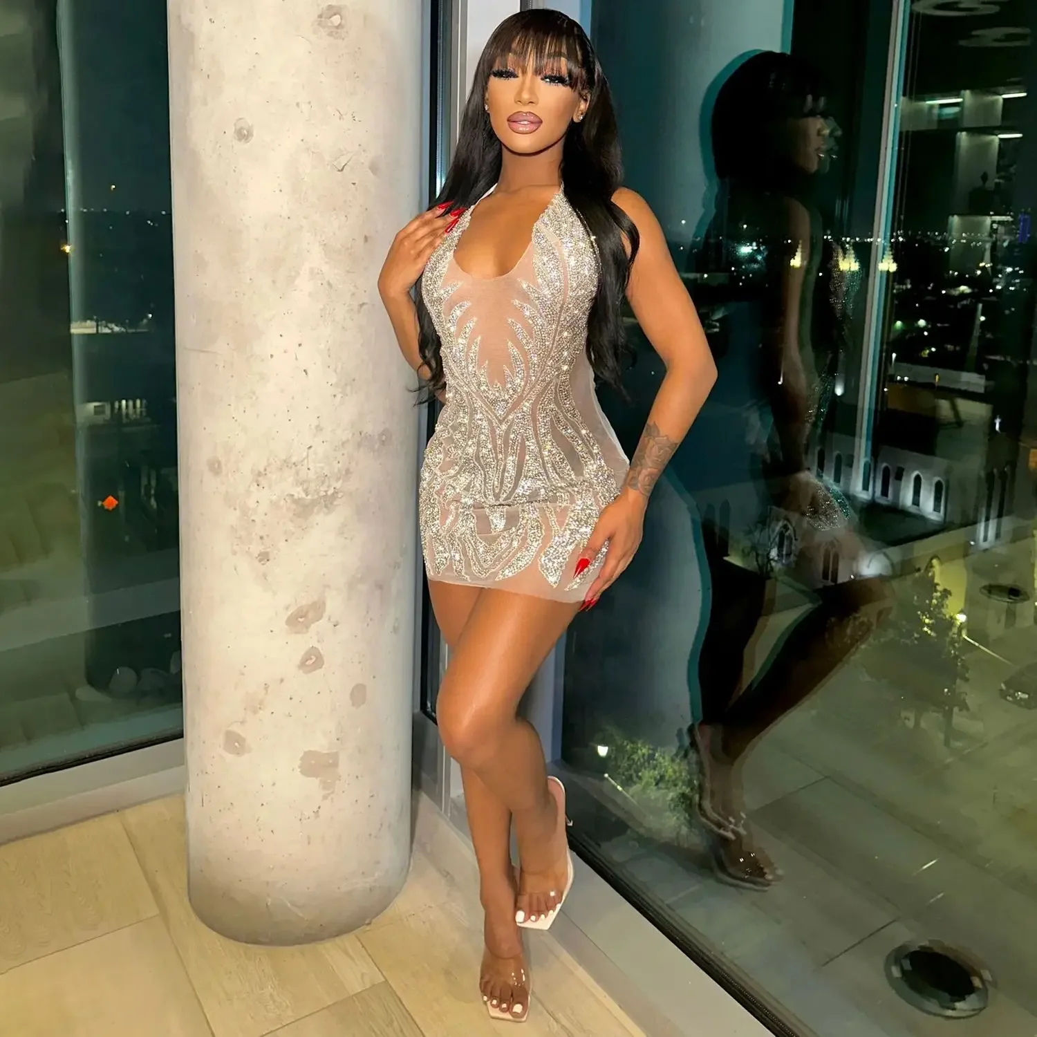 BWQ Spaghetti à lacets licou col en v maille transparente diamant Mini robe Sexy maigre fête soirée boîte de nuit robes robes