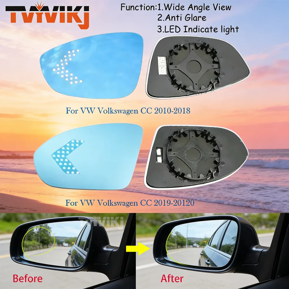 Espejo Retrovisor Lateral TVYVIKJ con Lente de Cristal Azul y Luz Indicadora LED para VW CC 2010-2020 Quinta Generación, Vista Gran Angular Anti-Reflejante