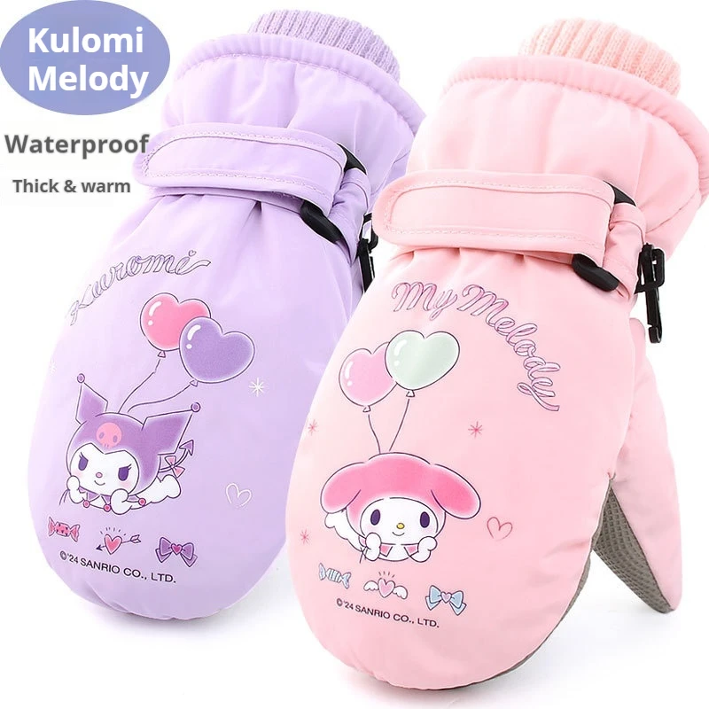 Kawai Kuromi Melody Children'S Plush-Lined Gloves Waterproof Anti-Slip Cartoon Warm Skiing Gloves Bag Finger Ski Gloves Gifts