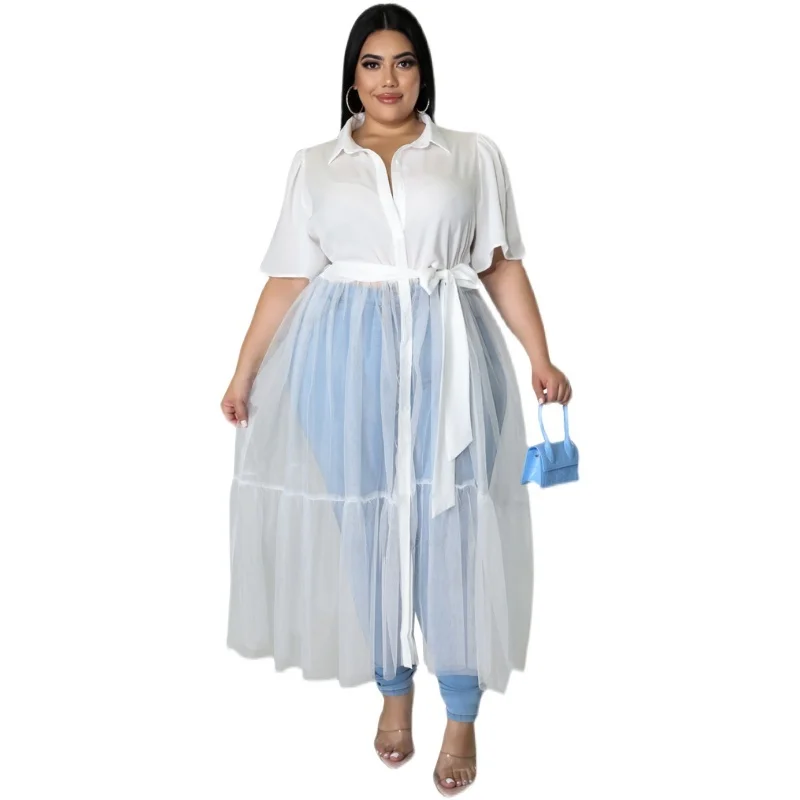 Spring  plus Size Long Blouse Ladies irt Fat Women High Waist  Ne Polyester Fiber A-Line Dr Commute Sle