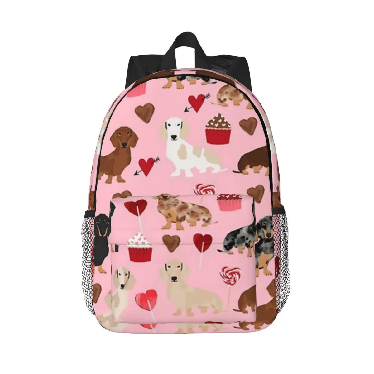 Mochila escolar informal ligera con estampado de perros salchicha, galletas, corazones, para la escuela, al aire libre, compras, oficina, 15 pulgadas