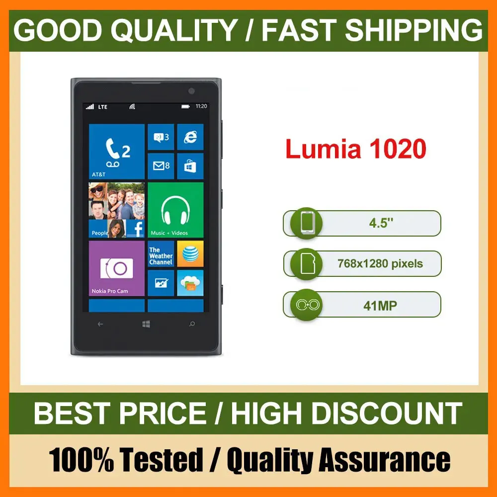 هاتف محمول Lumia 1020 أصلي مصنوع في فنلندا يدعم اللغة الإنجليزية بحالة جيدة