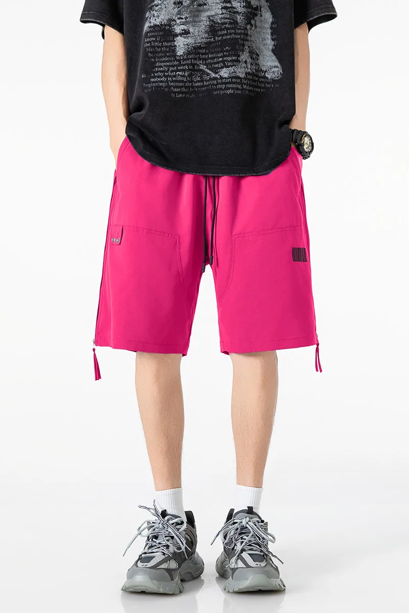 Celana pendek warna solid pria dengan desain ritsleting samping, celana pendek serut elastis kasual, pinggang longgar dan bernapas, spo cepat kering