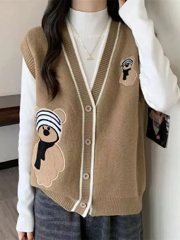Spring New Style Thickened Vest Knitted Short Sleeveless V-neck Bear Embroidery Student Top Warm Medium-length Single-button ...