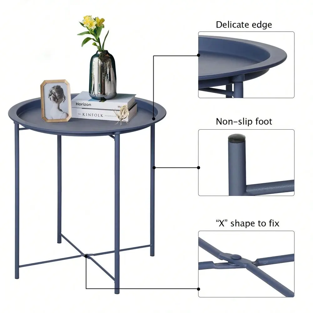 

Side End Table Folding Round Metal AntiRust And Waterproof Outdoor Or Indoor Tray For Living Room Bedroom Balcony And Office