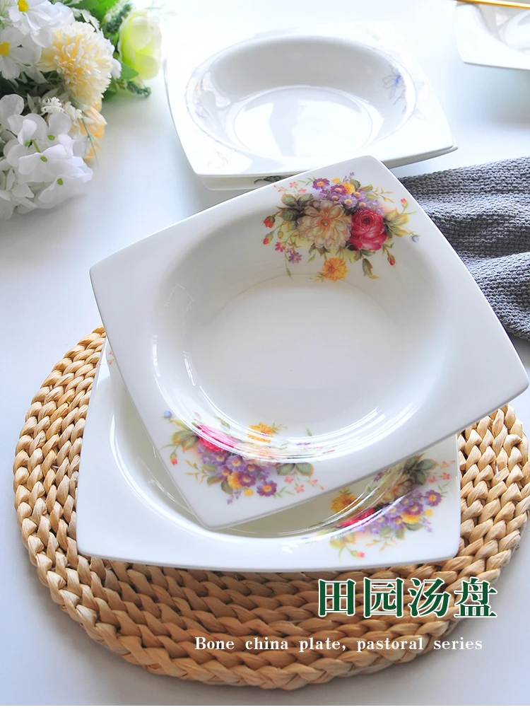 

Tangshan bone china plates, vegetable plates, household shaped plates, square plates, soup basins, ceramic tableware combination