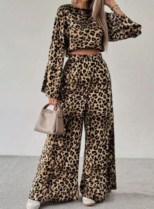 

Women's 2025 Spring New Leopard Print Loose and Comfortable Long Sleeved Pants Two-Piece Set Street Fashion Retro Pants Set