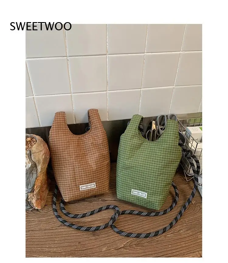 

Camping Style Plaid Mini Bucket Bag Dual Carry Way Hand & Crossbody Polka Dot Thick Rope Strap Retro Casual Small Daily Bag