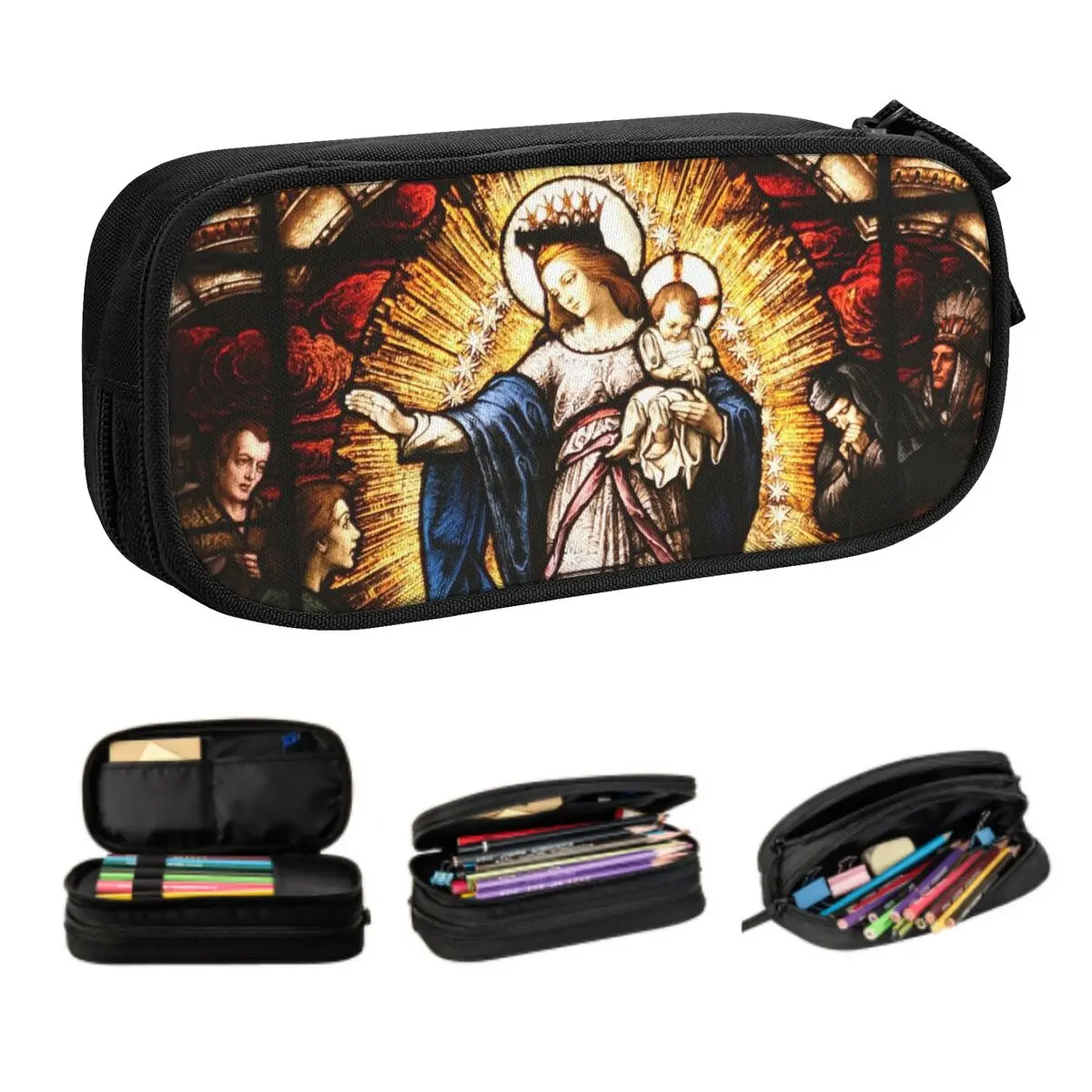 

Customized The Virgin Mary Kawaii Pencil Cases Large Capacity Catholic Our Lady of Guadalupe Pencil Pouch School Supplies