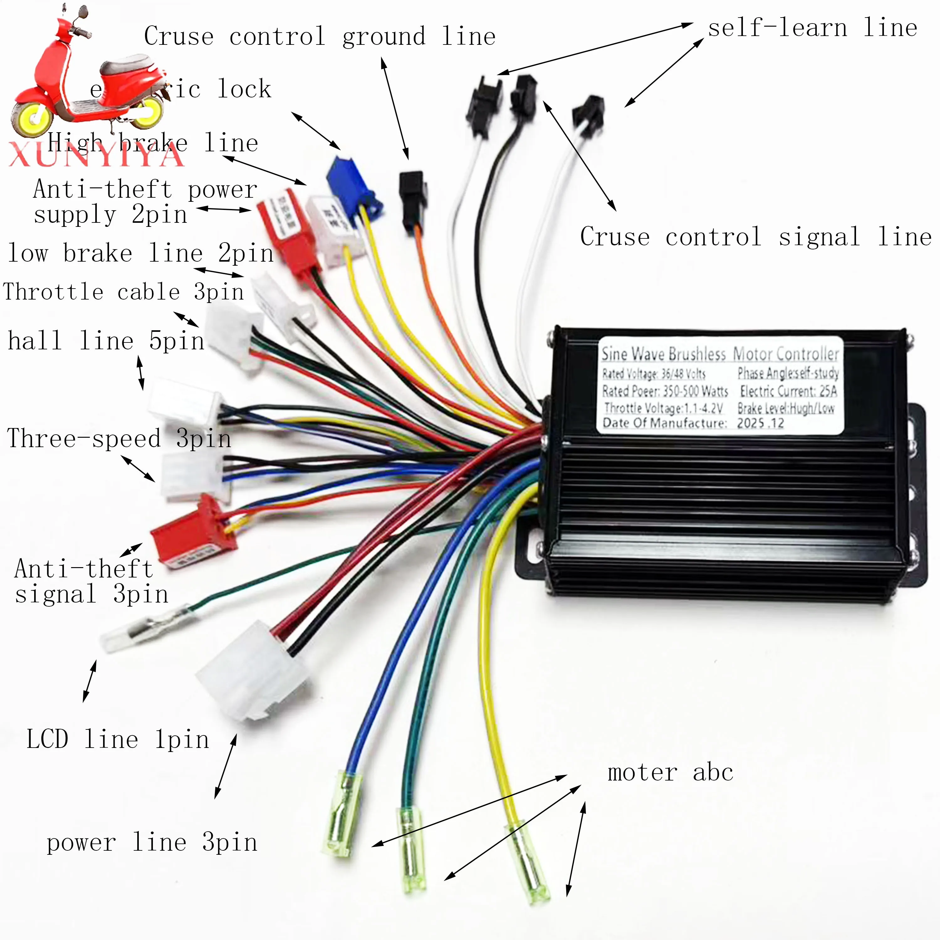 36V/48V 300W/500W 25A Sine Wave Brushless Motor Controller, Tri-mode Sine Wave, for ebike electric bicycles and motorcycles.