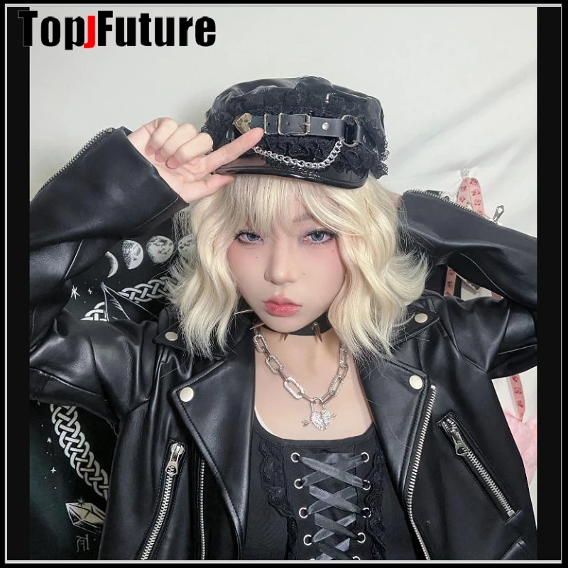 Harajuku Gothic Lolita Hat Women Punk Chain Subculture Spice Girl Cap Hat Female Y2K Girls Accessories Lace Cap — zdjęcie 5
