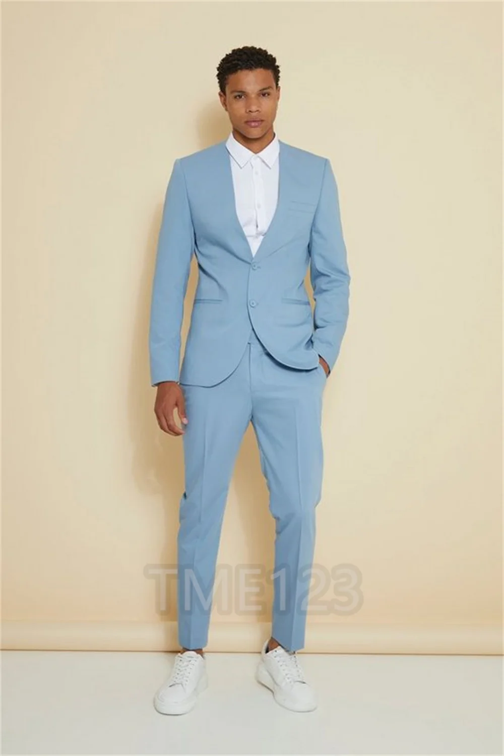 The New No Collar  Formal Fashion Blue Suits For Men\'s Groom Wedding Wear Suits Slim Tuxedos Peak Lapel Custom Made 2 Pieces