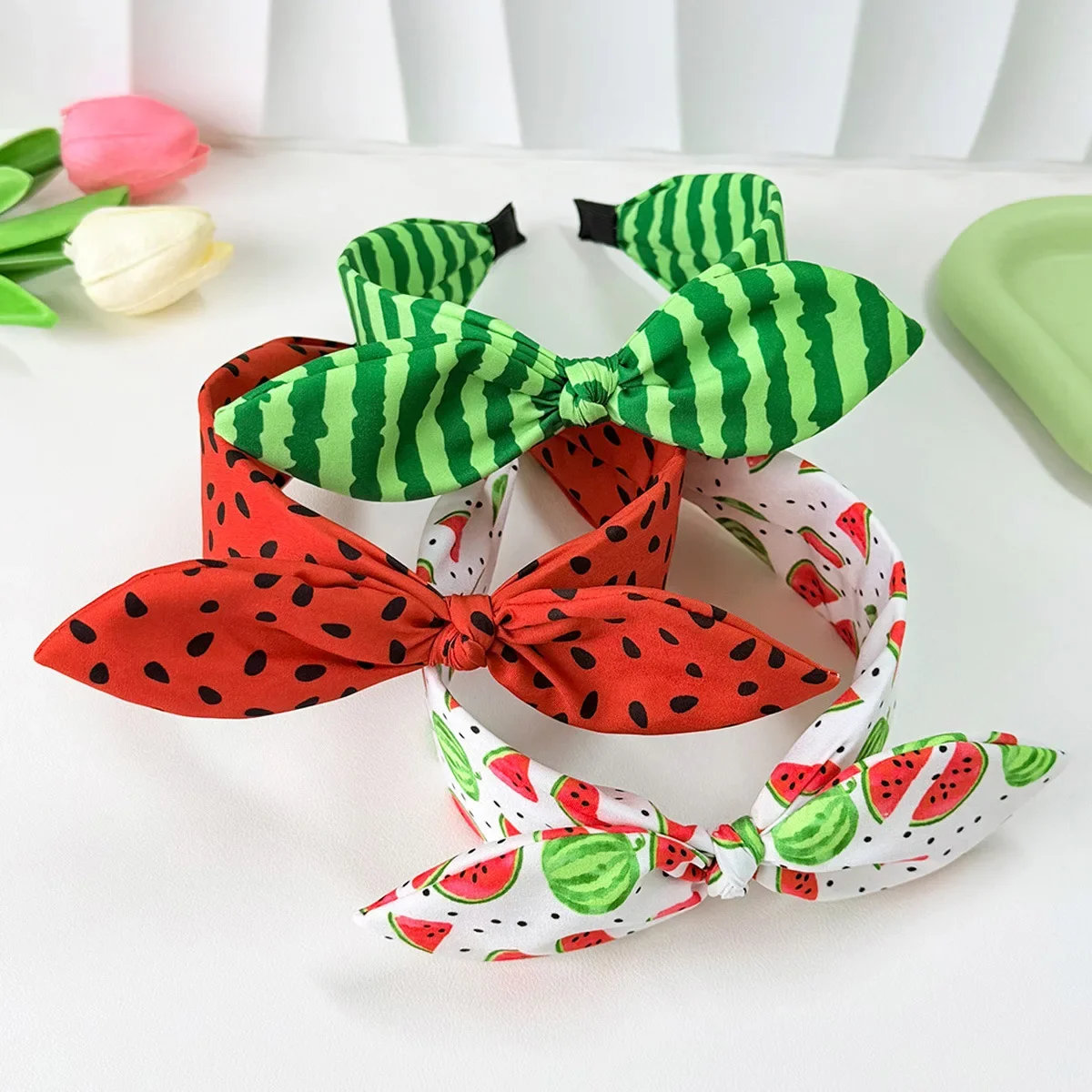 Summer Fruit Watermelon Print Bow Hair Bands Wide Knotted Headbands Sweet Ladies Daily Hair Decor