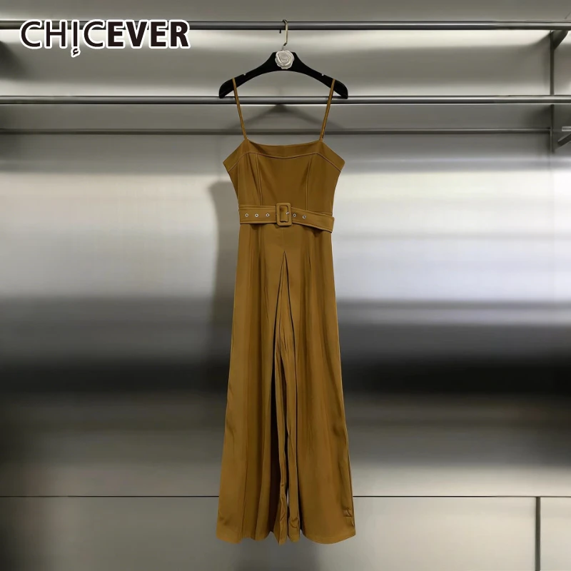 CHICEVER Yellow Spliced Sashes Chic Jumpsuit Female Square Collar Sleeveless Office Commute Women's Jumpsuits Summer Fashion New