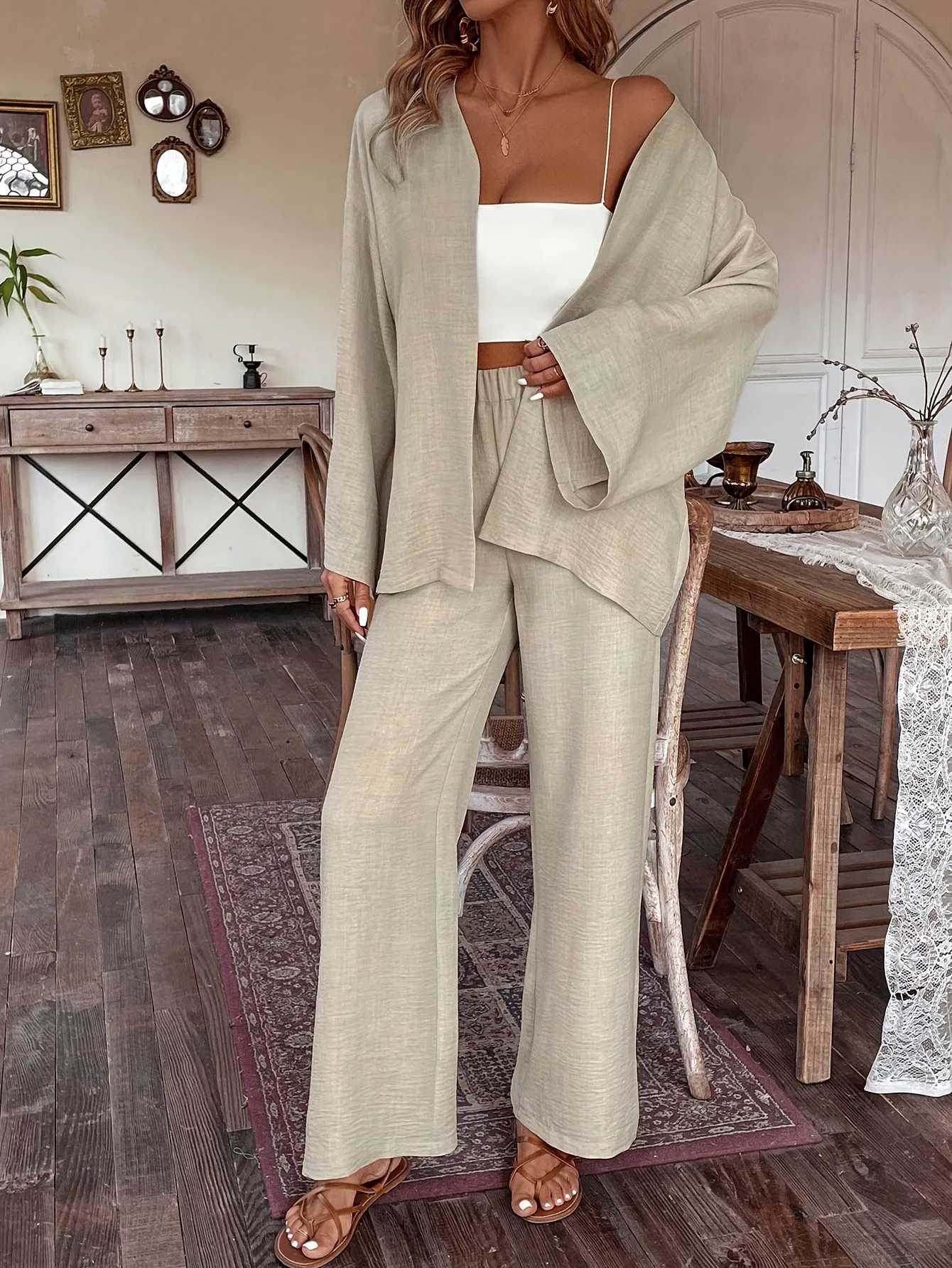 New Loungewear Women 2 Piece Casual Outfits Solid Cardigan Long Sleeve Shirt Loose High Waist Wide Leg Pants Set Sexy Sleepwear