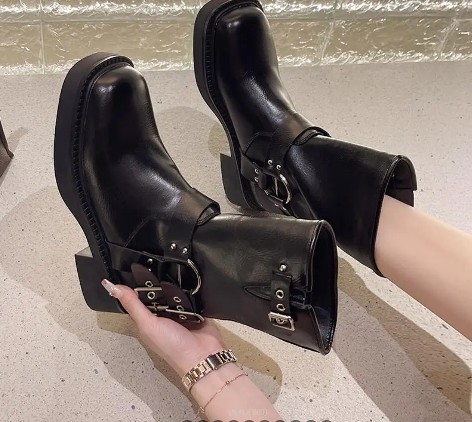 

Autumn Winter Square Toe Woman Ankle Boots Fashion buckle Ladies Elegant Thick High Heel Short Boots Shoes Black Women's Boots