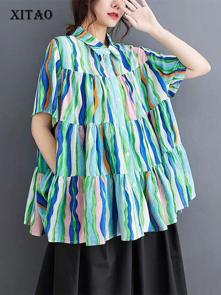 

XITAO Print Patchwork Single Breasted Women Shirt Turn-down Collar Vintage Loose Short Sleeve 2024 Summer New Arrival DMJ1407
