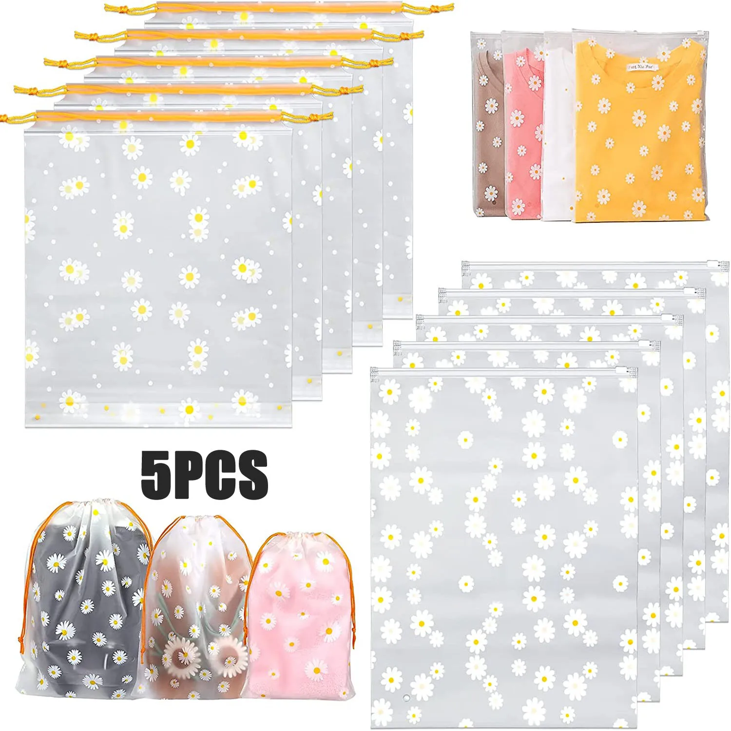 5PCS Creative Portable Outing Travel Storage Bag New Small Daisy Frosted Bag Packaging Bag Shoe Clothing Sorting Bag Sub-packing