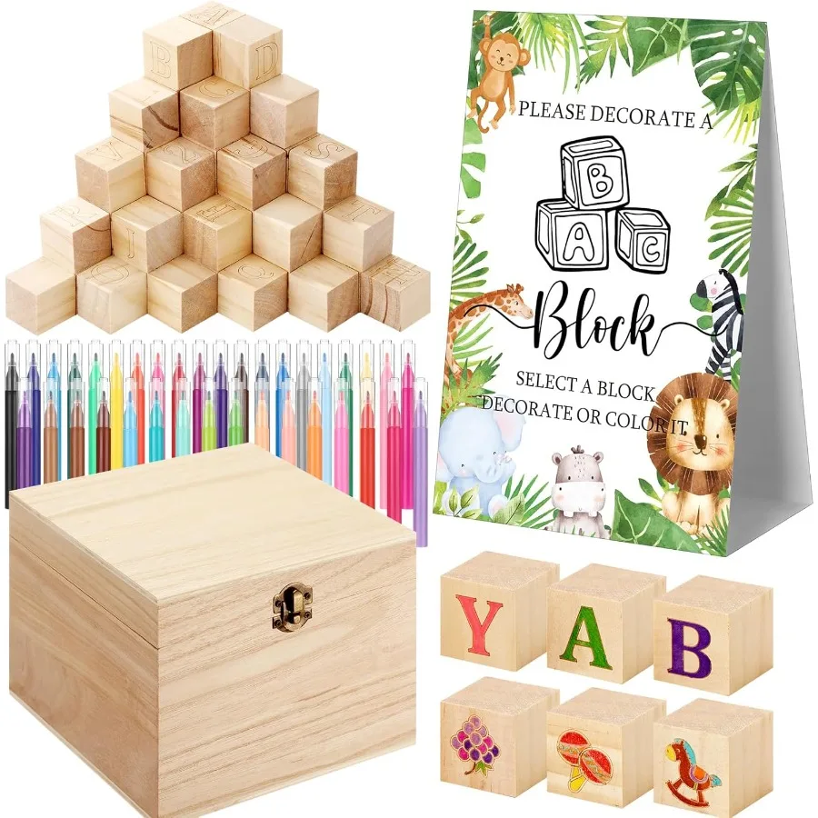 Marsui 136 pezzi di blocchi per baby shower per decorare il kit di gioco include 98 blocchi di legno 36 pennarelli 1 cartello di gioco 1 scatola di immagazzinaggio per bambino