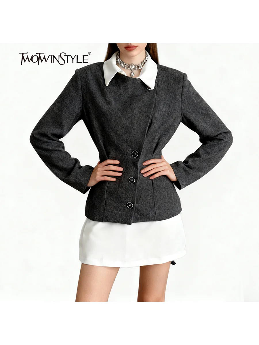 

TWOTWINSTYLE Hiy Color Slimming Spliced Single Breasted Elegant Jackets for Women Lapel Long Sleeves Tunic Fashion Jacket Female