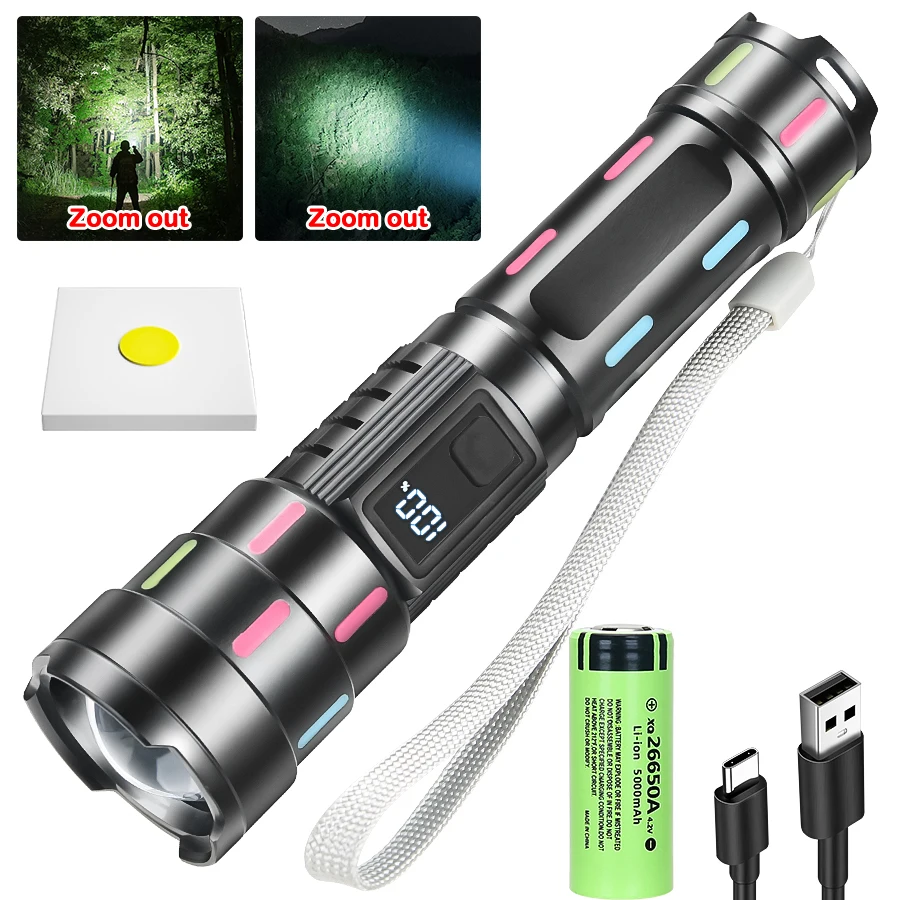 Powerful White Laser LED Flashlight Zoom Tactical Torch with Power Display Outdoor Adventure Mountaineering Emergency Flashlight