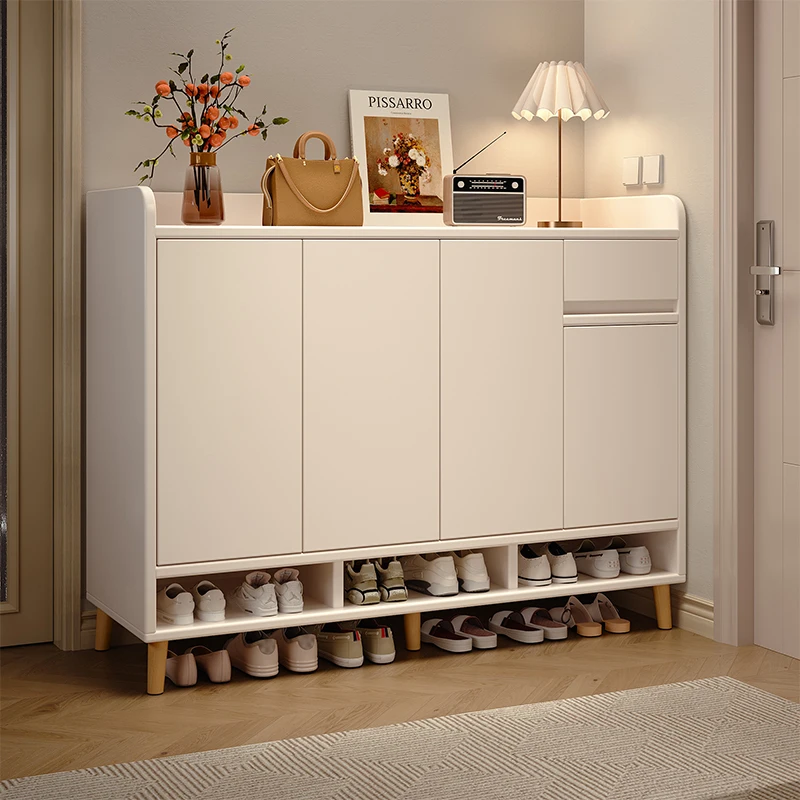 Push-down Wooden Entryway Shoe Rack, Removable Shelves, Extra-large Capacity. Push-down Design for Entryways and Hallways.