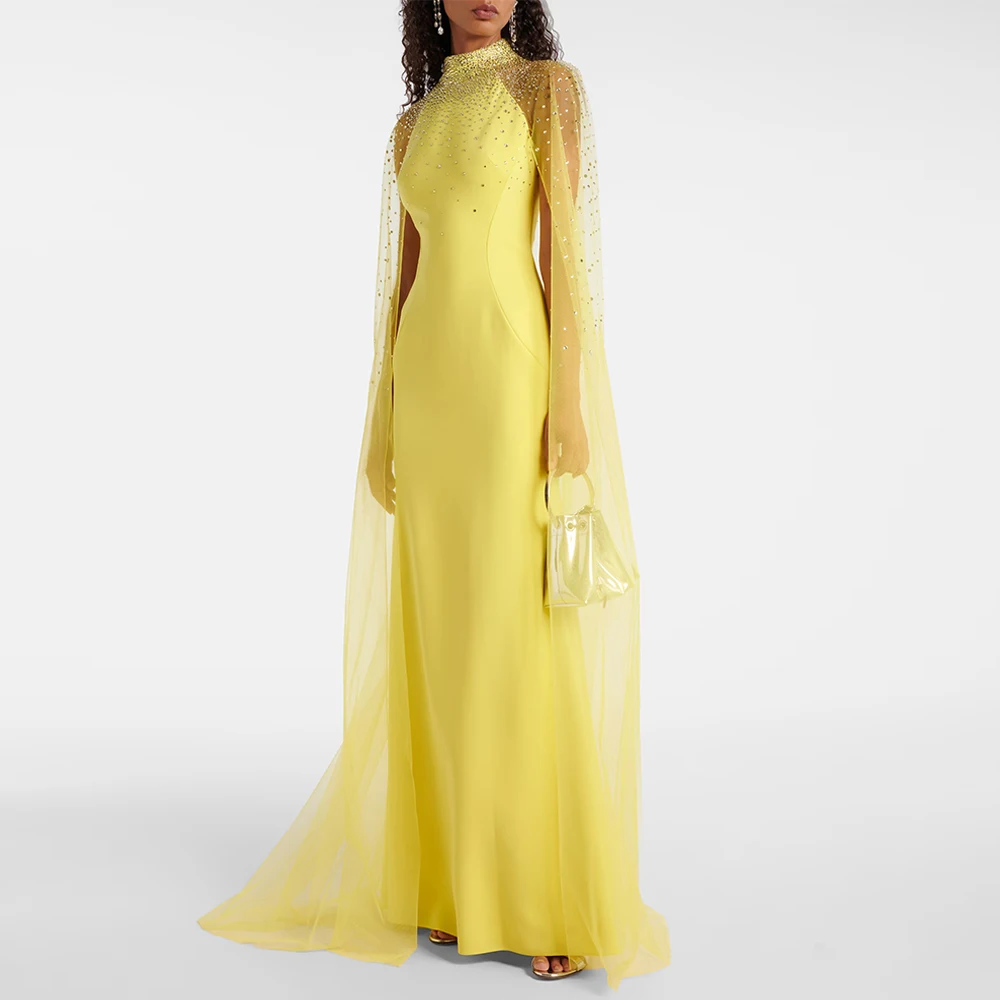 Vestido de noche árabe saudita de moda personalizado cuello alto capa de tul rebordear vestido de fiesta de sirena árabe vestidos de fiesta de baile