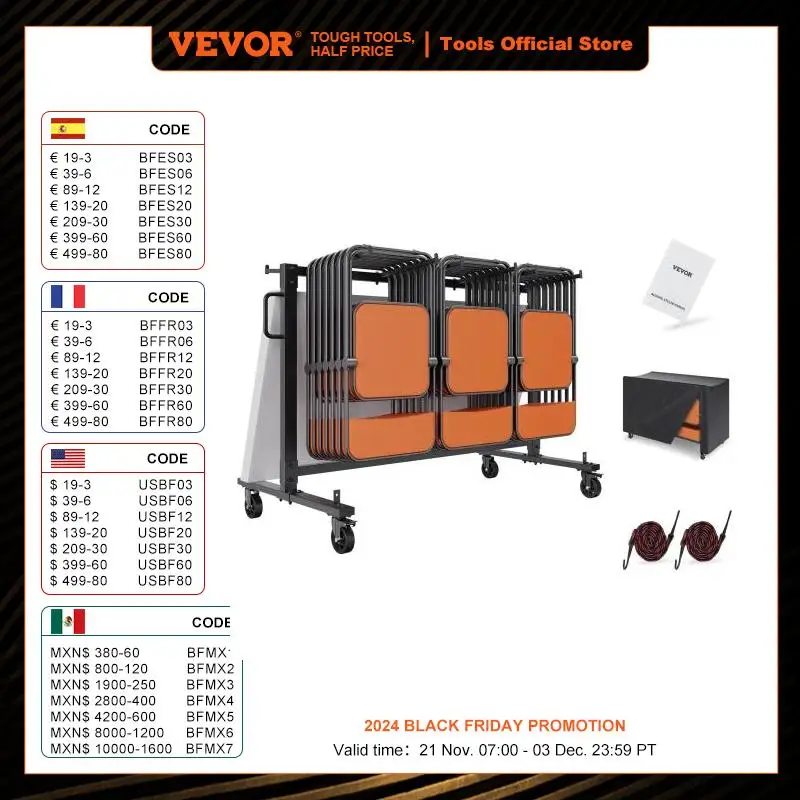 VEVOR Folding Chair Cart Mobile Stackable Chair Holder Dolly Storage Rack Trolley with 4 Casters for Conference Rooms Schools