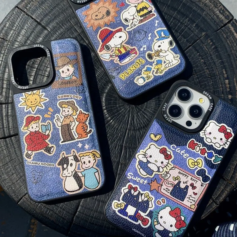 Anime Snoopy Hello Kitty Phone Case for iPhone 13 14 15 16 Pro Max 16pro 15pro OSAMU Boy Girl Litchi skin pattern Cover