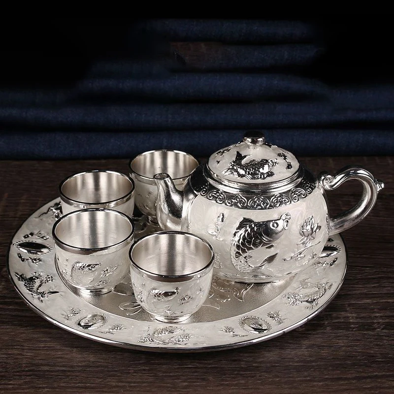 

High-grade 999 silver koi silver tea set 1 tray 1 teapot 4 teacups gift craft