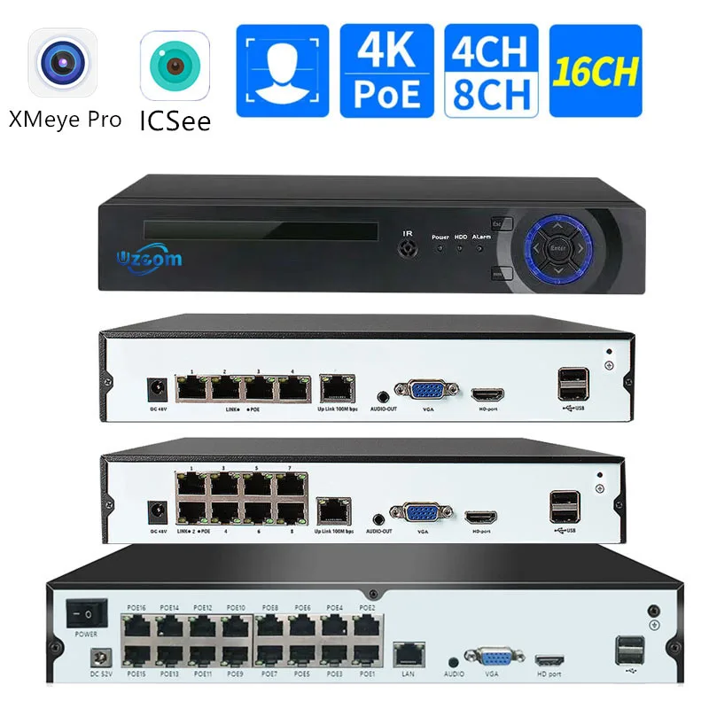 4CH 10CH 16CH POE NVR H.265+ IP Security Surveillance CCTV System 5MP 8MP 4K Audio Video Recorder with Face Detection for Home