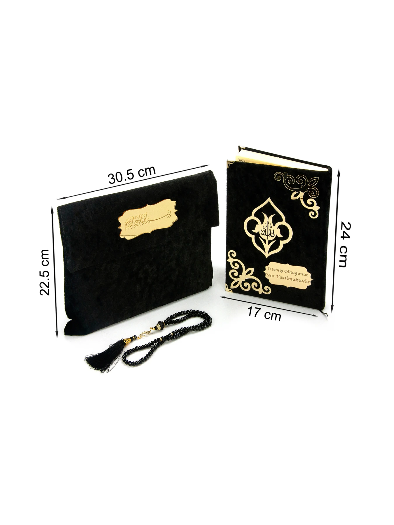 Prayer Rug Gift Janamaz Sajjadah Velvet Covered Quran Personized To Name Quality Beads Transparent Box Black Color