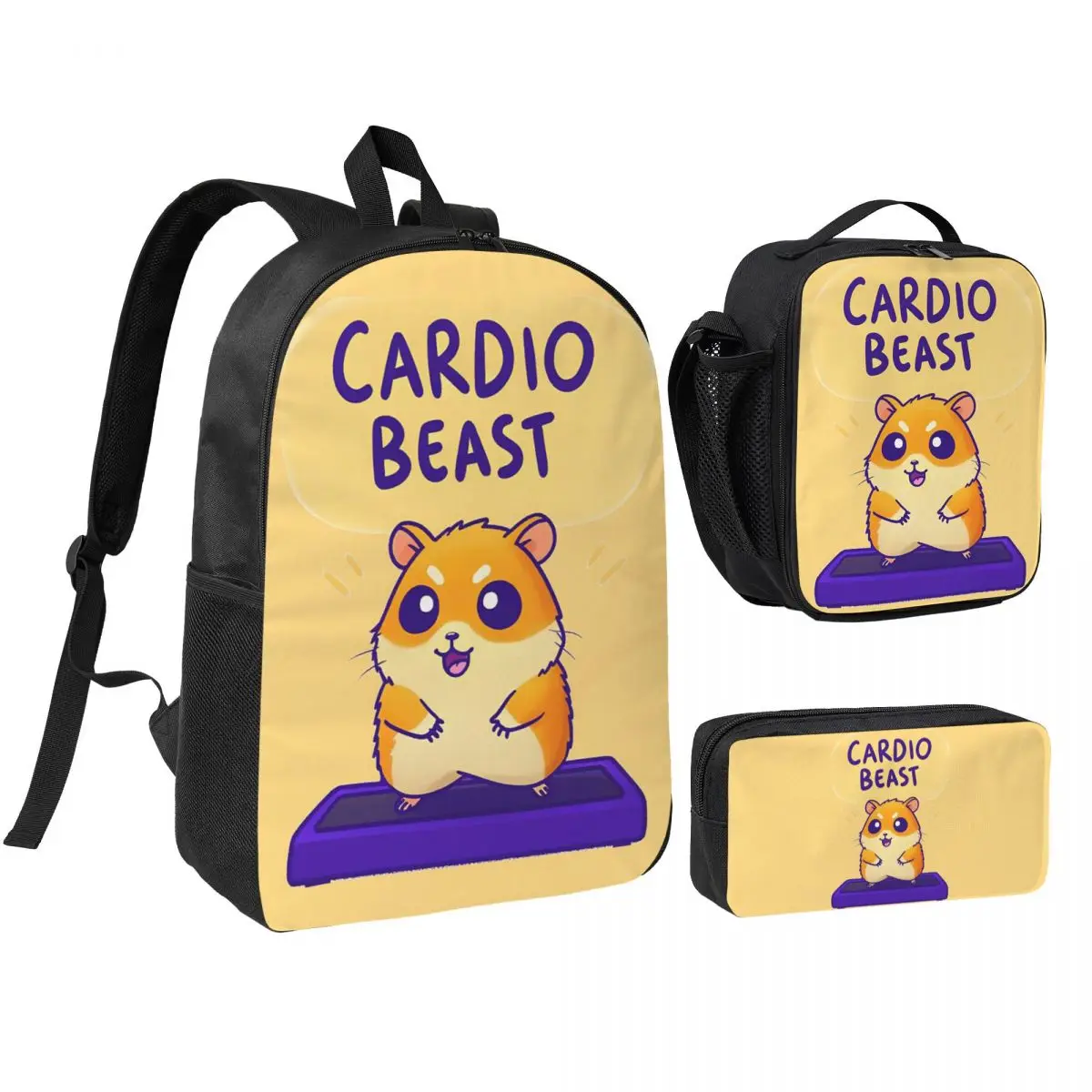 

Cardio Beast Hamster Workout Sticker Backpack Student BookBag School Bag Shoulder Bags 3ps Insulated Lunch Bag Pencil Case