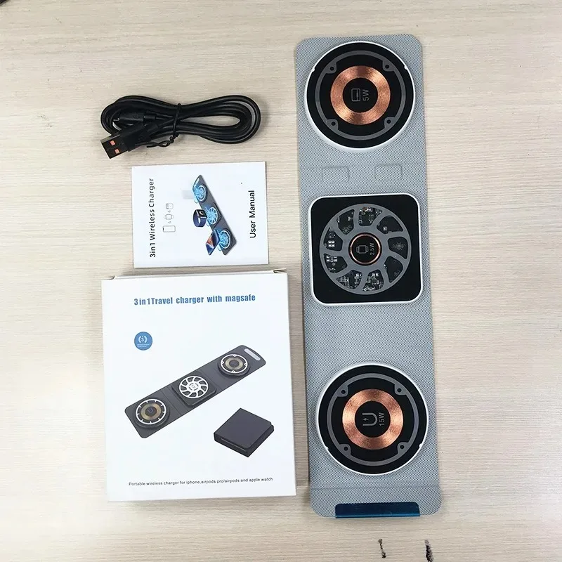 15 W 3-in-1 faltbare magnetische Powerbank und kabelloses Ladegerät – Autoaufladung, Apple-Schnellladung, Sprühgummi-Ölbeschichtung