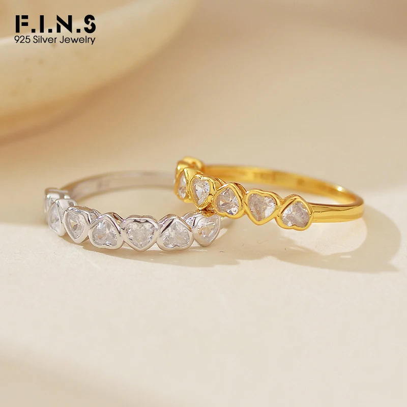 

F.I.N.S Trendy S925 Sterling Silver One Row Love Hearts Zircon Ring Versatile Heart-Shaped Index Mid Finger Party Fine Jewelry