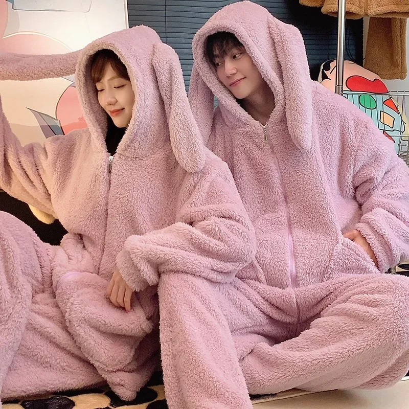 

2025 New Couple Plush Pajamas Suit Autumn Winter Long Ears Plus Velvet Loose Warm Zipper Hooded Man Woman Lounge Clothes Suit