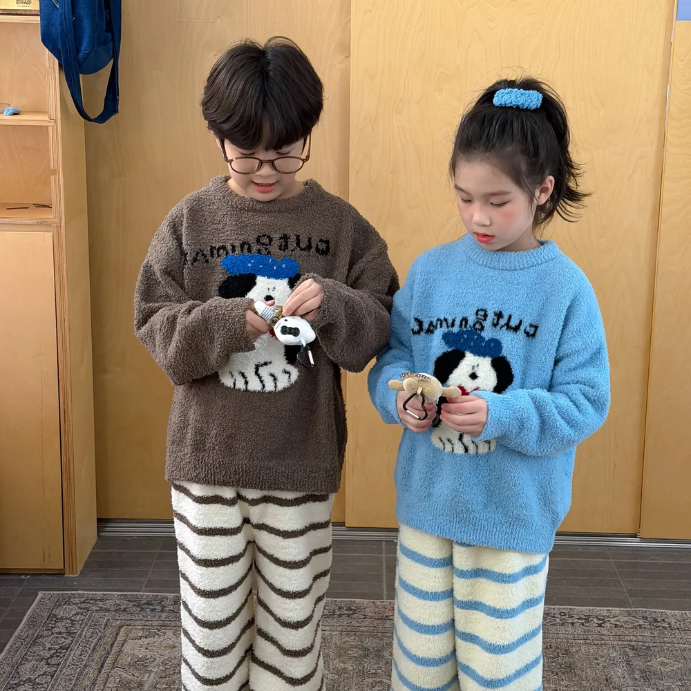

Winter Children 2PCS Pajamas Set Dog Fleece Kids Boys Homewear Top+pant Suit Cotton Striped Little Boys Loungewear Pants Clothes