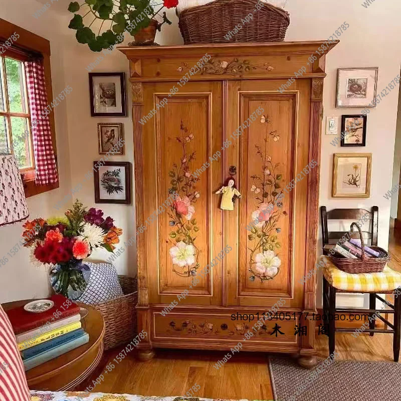 

American pastoral style painted solid wood wardrobe classic vintage flower wardrobe French distressed hand-painted locker