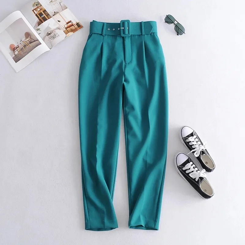 Women's Clothing New Slim High Waist Casual Trousers Yellow Cropped Trousers Belt Pants Harajuku Office Lady Y2k Pants Mujer