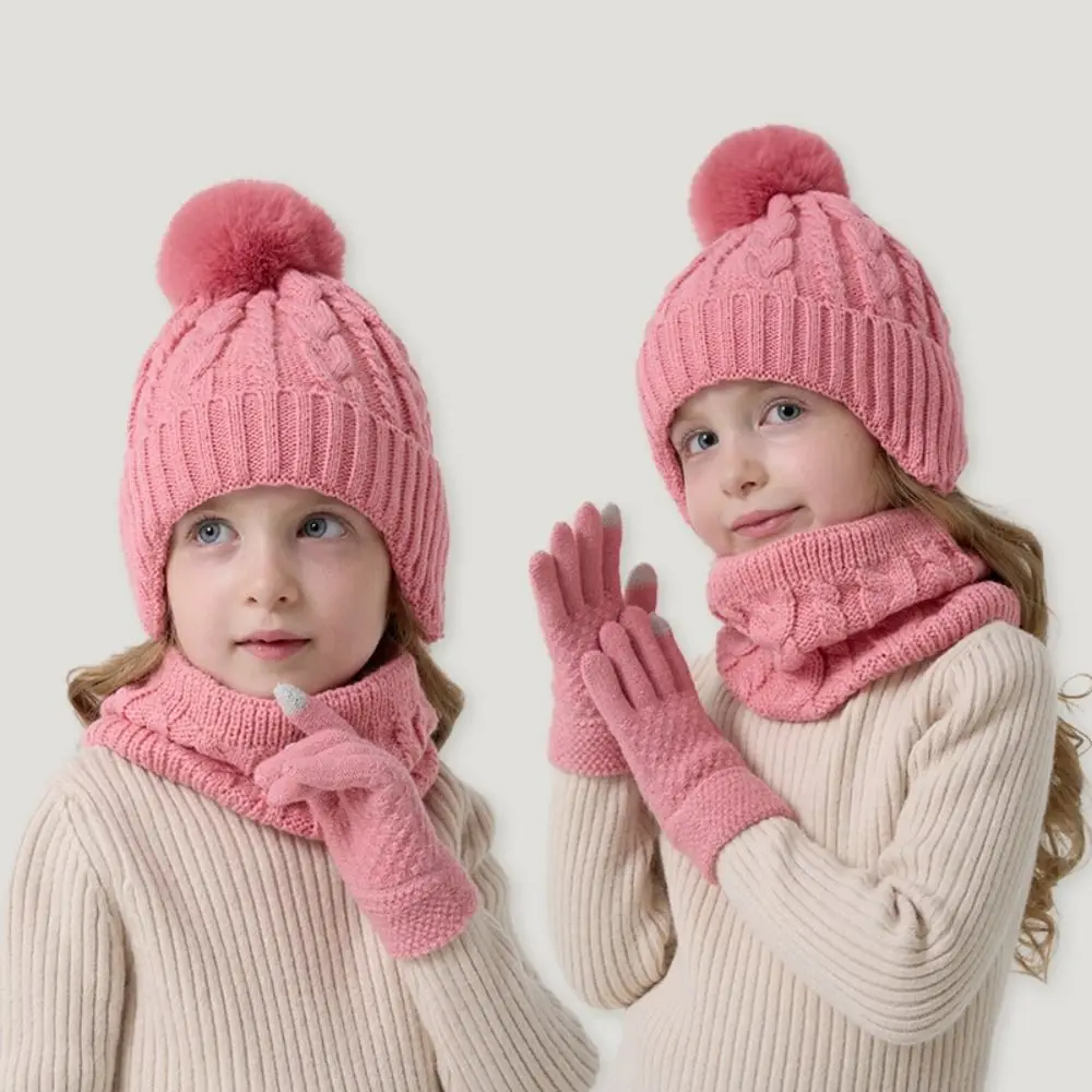 

New Winter Hat Scarf Gloves Set Kids Warm 4-7Y Toddler Bonnet Windproof Thicken Pompom Knitted Hats Children's Outdoor