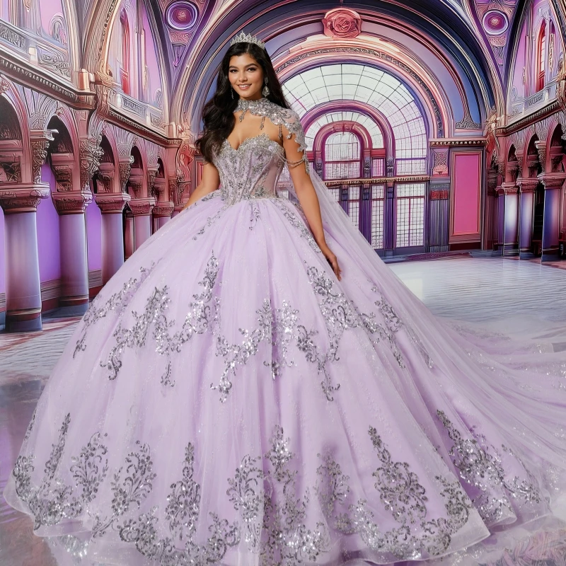 

Light Lilac Shiny Quinceanera Dresses Off Shoulder Ball Gown Sweet 16 Dress Applique Lace Beading Crystal Tull With Cape Birthda