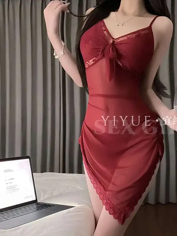 เซ็กซี่ Pure Desire สายคล้อง Nightdress เซ็กซี่ Lace Temptation Tie ชุดชุดนอน Elegant Tank Mini Dress Sheer เสื้อหวาน 9CTM