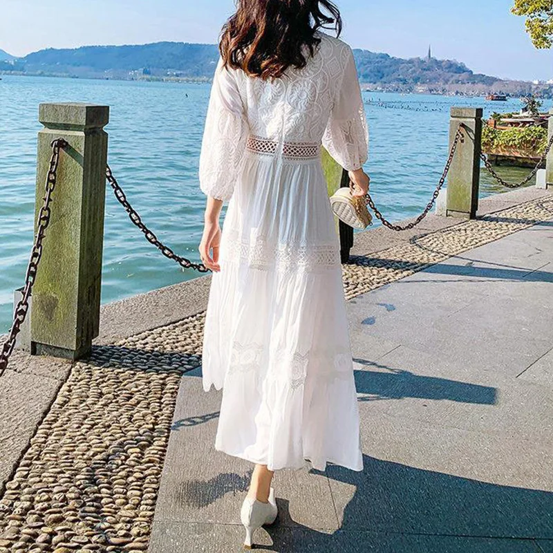 Biała Damska Letnia Długa Sukienka Codzienna Boho Koronkowa Sukienka Maxi Damska Plażowa Sukienka Wakacyjna Elegancka Vintage Sukienka na Imprezę Vestidos