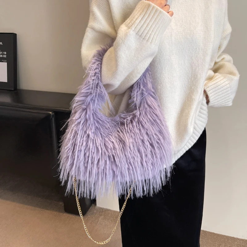 Luxury Purple Faux Fur Handbag Clutch Bag For Women 2024 New Fluffy Plush Warm Winter Bag Chic Half Moon Shoulder Crossbody Bags