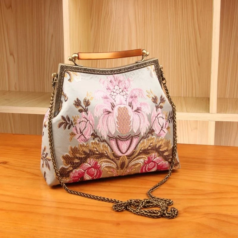 Vintage Fashion Women Lock Flowers Bag Bags Women\'s Handbags Purses Top Handle Evening Purse Crossbody Shoulder Bag Chain Strap